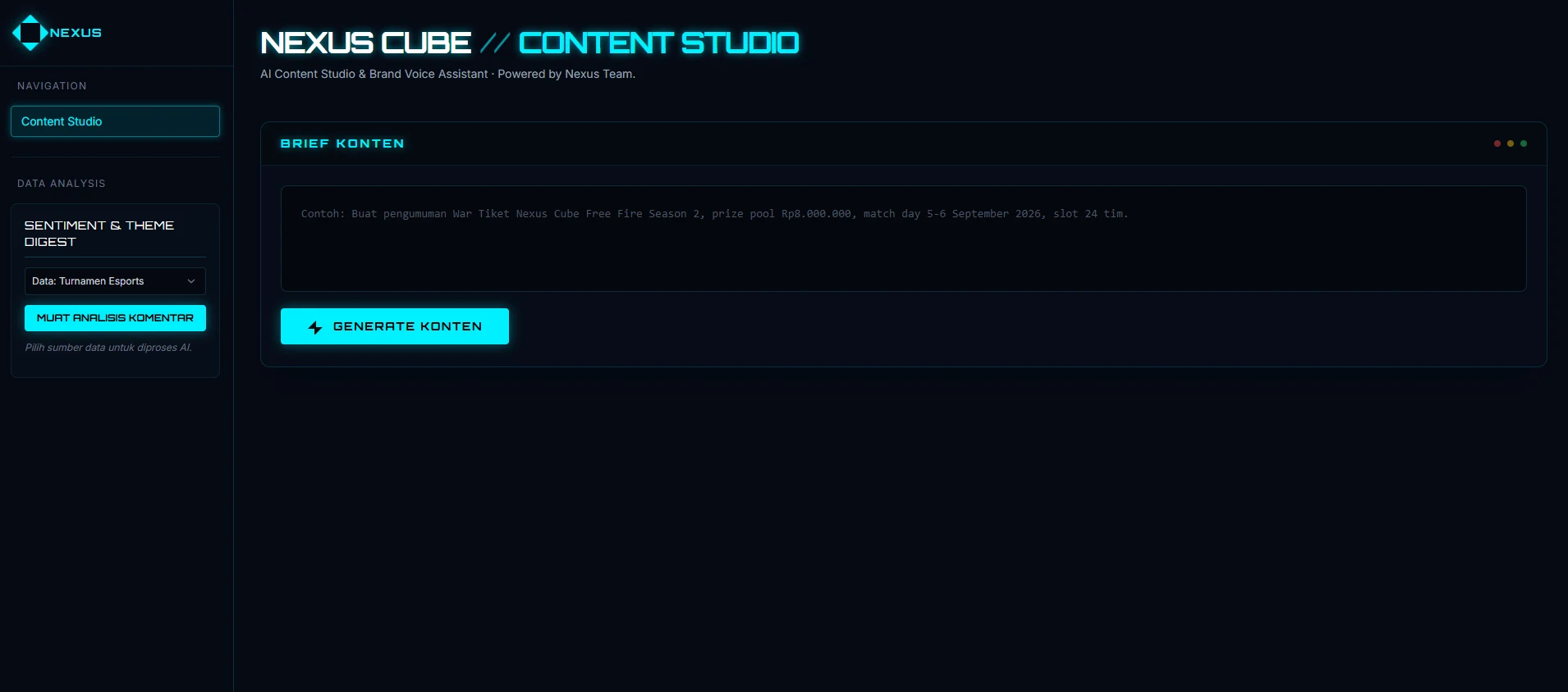 Nexus Cube Content Studio dashboard screenshot
